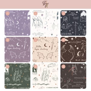 May include: A grid of nine square patterns featuring fantasy-themed line art illustrations. Designs include moons, stars, swords, bat wings, mountains, and figures, with text phrases like Hello Feyre darling, Bat Boy, and to whatever end, fireheart.