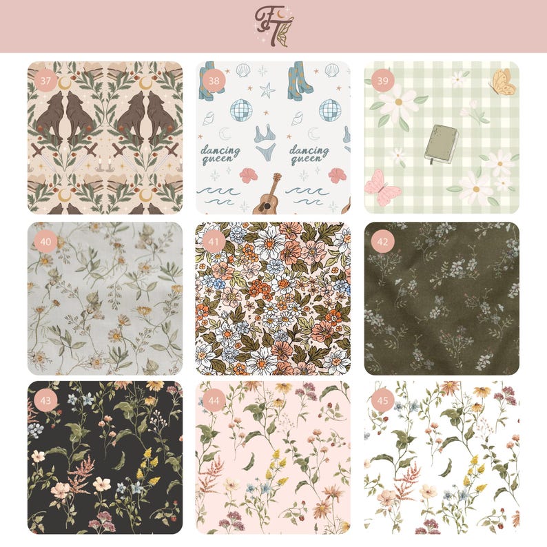 May include: A grid of nine fabric swatches featuring various patterns: wolves with moons, disco balls and guitars with the text dancing queen, green gingham with flowers, and several floral prints in white, black, olive green, and light pink backgrounds.