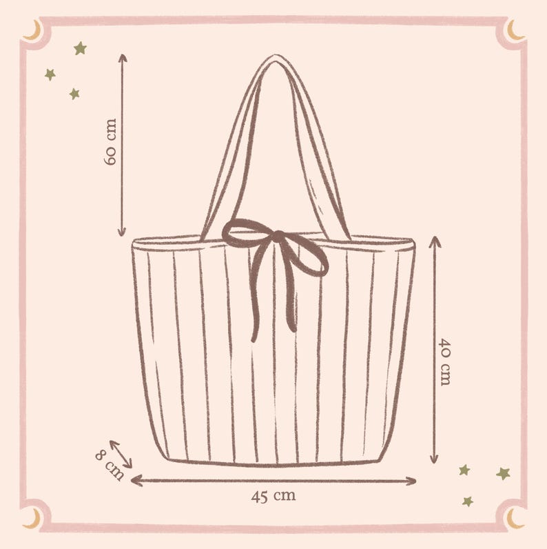 May include: A line drawing of a tote bag with vertical stripes and a center bow. The bag measures 40 cm in height, 45 cm in width, and 8 cm in depth, with a total height of 60 cm including the handles. The illustration is set on a light background.