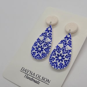 Boho Earrings // Polymer Clay // Blue and White // Greece