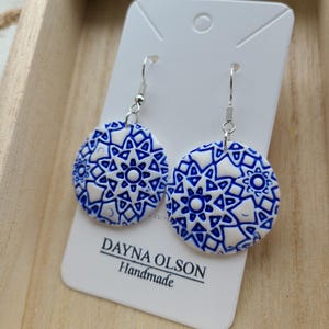 Boho Earrings // Polymer Clay // Blue and White // Greece