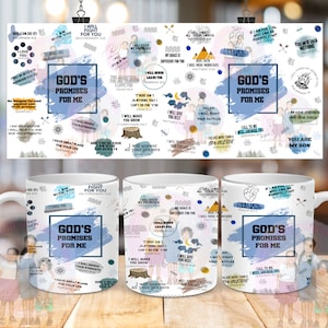 May include: White ceramic mug with a colorful design featuring bible verses and the words "God's Promises for Me".