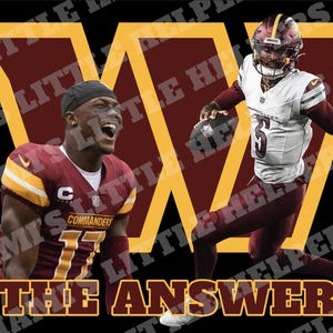 May include: Two football players wearing burgundy and gold uniforms stand in front of a large burgundy "W" with gold trim. The text "THE ANSWER" is below the "W".