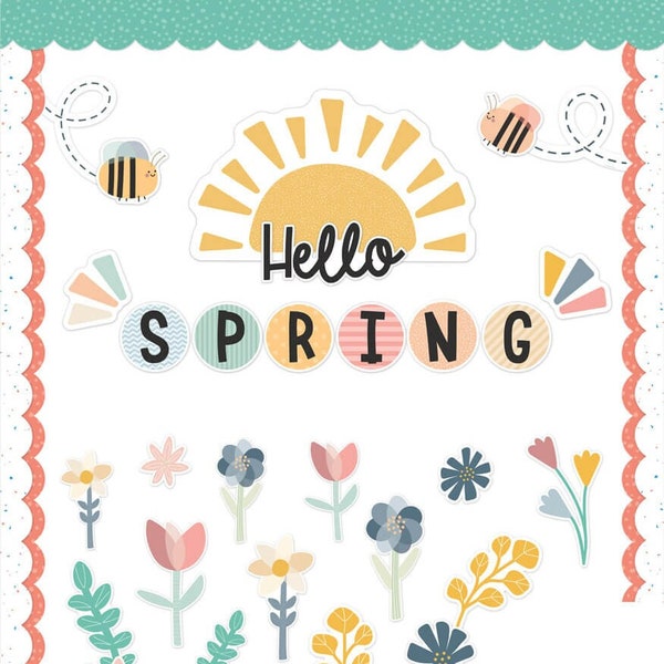 Hello Spring Printable Classroom Décor Bundle, Spring Classroom Bulletin Board Set with Borders and Cutouts, Spring Classroom Décor