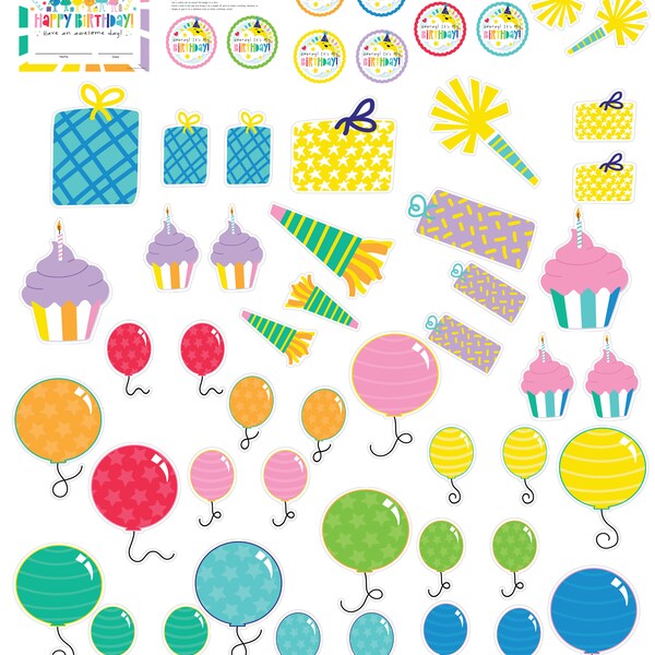 Happy Place Birthday Bulletin Board Printable, Colorful Birthday Badges, Birthday Award, Balloons, Cupcakes, Cutouts, Instant Download