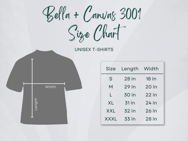 May include: Size chart for Bella + Canvas 3001 unisex t-shirts. The chart shows the length and width in inches for sizes S, M, L, XL, XXL, and XXXL.