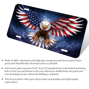 May include: A metal license plate featuring a bald eagle with outstretched wings against a blue sky with clouds. The eagle is flying with its wings spread wide, and the American flag is depicted on its wings. The license plate is 6 inches by 12 inches.