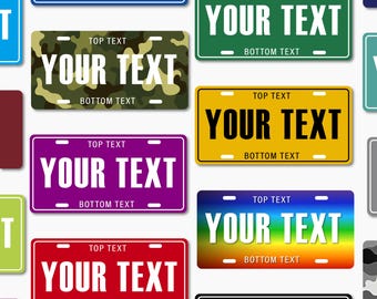 May include: A pattern of license plates in various colors, including blue, green, yellow, purple, red, and a rainbow gradient. Each plate has the text "YOUR TEXT" in white, with "TOP TEXT" and "BOTTOM TEXT" above and below.
