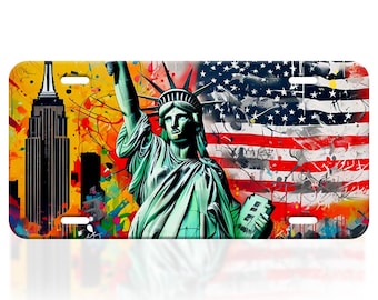 Statue of Liberty License Plate 6x12, American Flag New York Decor, Patriotic USA Metal Car Tag