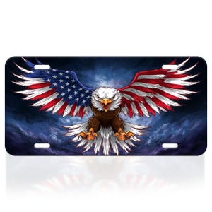 May include: A bald eagle with its wings spread wide, the feathers are red, white, and blue, resembling the American flag. The eagle is flying against a dark blue cloudy sky.