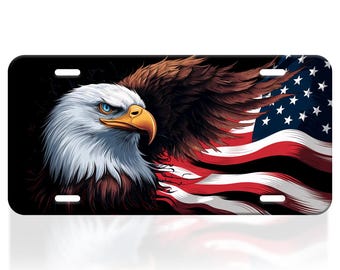 May include: A black and white bald eagle with blue eyes, with its wings spread out, is superimposed over an American flag with red and white stripes and blue stars. The eagle's head is facing the viewer.