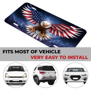 May include: A license plate cover featuring a bald eagle with its wings spread wide, holding the American flag. The eagle is flying against a dark blue sky with white clouds. The text "FITS MOST OF VEHICLE VERY EASY TO INSTALL" is displayed below the image.