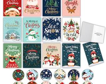 Lot de 24 cartes de Noël, 12 modèles assortis, format 12,7 x 17,8 cm, avec enveloppes et autocollants de fermeture.