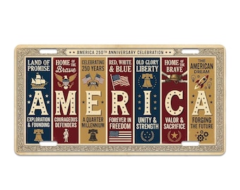 America 250th Anniversary License Plate Patriotic USA Flag Typography Car Tag Vintage United States Décor Gift