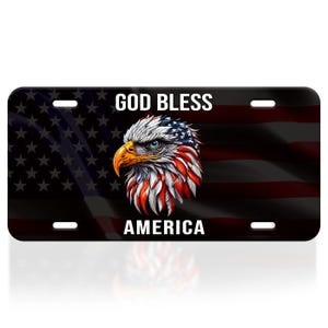 God Bless America Bold eagle on American flag Patriotic novelty front license plate Decorative Vanity aluminum car tag