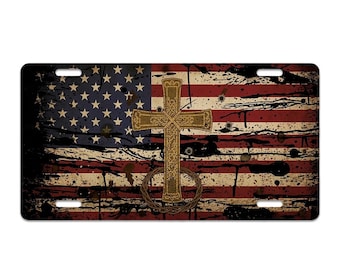 Christian Cross American Flag License Plate Patriotic Faith Car Tag  Distressed USA Metal Plate Religious Freedom Decor Gift for Him Her