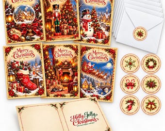 Cartes de Noël vintage avec enveloppes, lot de 12 cartes de vœux assorties, format 12,7 x 17,8 cm (5 x 7 pouces), pliées, avec autocollants
