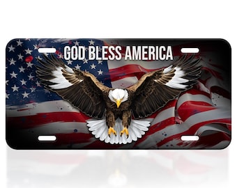 May include: A black and white American flag with a bald eagle flying in front of it. The eagle has brown and white feathers. The text "GOD BLESS AMERICA" is printed on the flag.