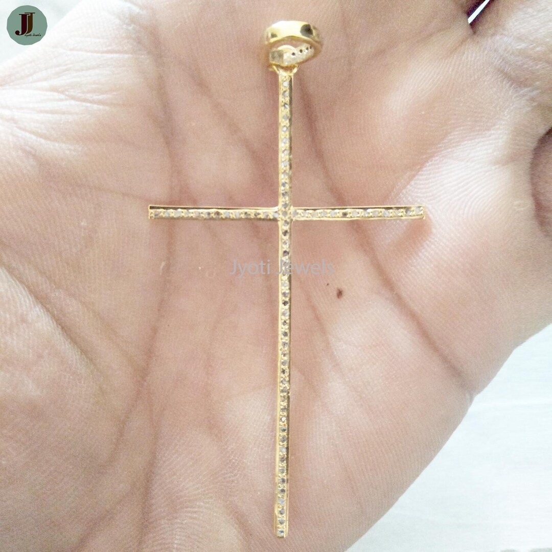 14k Gold Cross Pendant 925 Sterling Silver Pave Diamond Natural Diamond ...