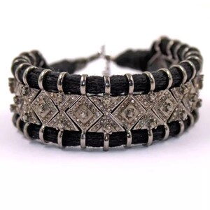 Pave Diamond Macrame Bracelet | Handmade Oxidized Silver Cuff | Adjustable Cord Bracelet | Boho Statement macrame Jewelry | Gift for Her