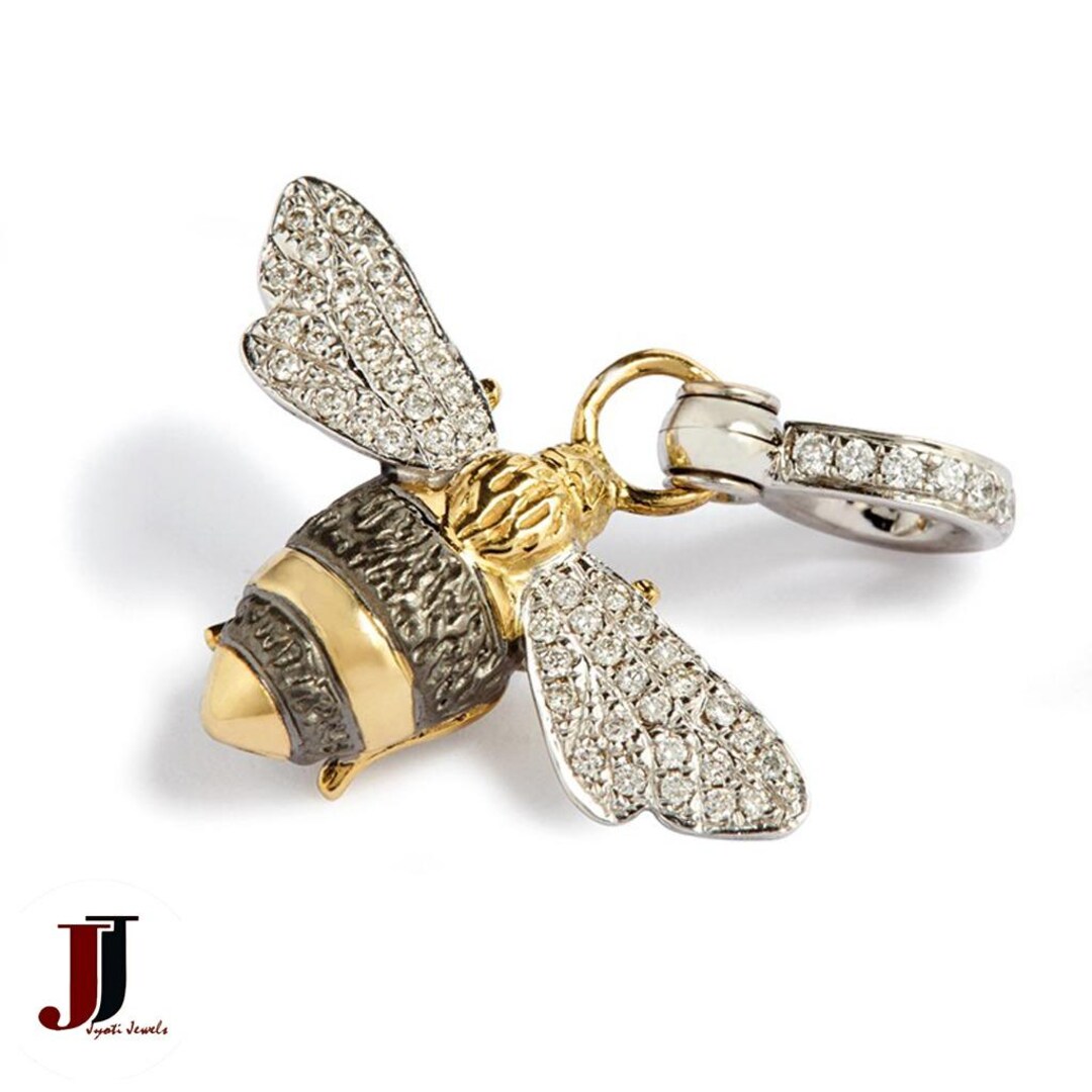 14k Gold Honeybee Pendant, Pave Diamond Sterling Silver Bee Charm - Etsy