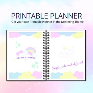 Peut inclure: Un planificateur imprimable sur le thème du rêve. La couverture présente un arc-en-ciel, des nuages et des étoiles. Le texte "Dream Planner" est écrit sur la couverture. Le texte "Ce planificateur appartient à..." est sur le côté droit de la couverture.