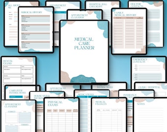 May include: A set of printable medical care planner pages with a teal and brown colour scheme. The pages include sections for all about me, surgical history, dental exams, caregiver instructions, house sitter information, appointment calendar, physical exams, medications, medical finances, insurance information, emergency contacts, clinic/hospital, doctor contacts, family medical history, and notes.