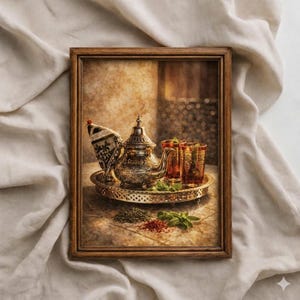 Pode incluir: Imagem emoldurada de um conjunto de chá prateado em uma bandeja decorativa. O conjunto inclui uma chaleira, dois copos e um pano pequeno. Hortelã fresca e especiarias estão espalhadas ao redor da bandeja, sugerindo uma cerimônia do chá.