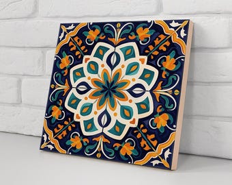 Moroccan Zellige Canvas Art – Blue & Gold Wall Decor, Islamic Geometric Tile Pattern
