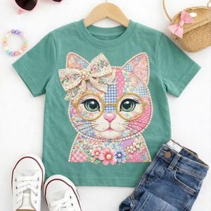 Op de afbeelding: Petrolgroen t-shirt met een kleurrijke kattenafbeelding met een bril en een strik. De afbeelding bevat roze hartvormige zonnebrillen, een kralenarmband, een strooien tas met een roze strik, witte sneakers en een blauwe jeans.