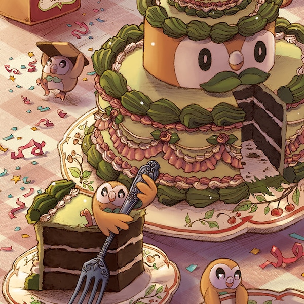 A3 Cozy Cottagecore Grass Poke Owl Party Cookies Cake Art Print