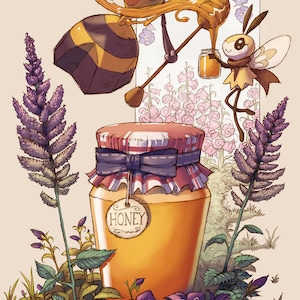 May include: A cartoon illustration of two bee-like Pokemon, one pouring honey into a jar labeled "HONEY" with a blue ribbon. The jar is surrounded by purple flowers and green leaves.