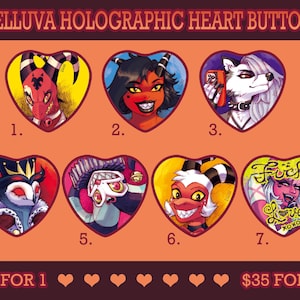 HB Favorite Character Portrait Holographic Pinback Heart Buttons