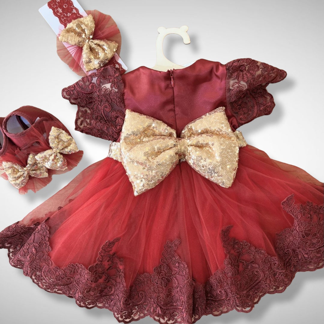 Baby Red Dressvictoria Ribbon Gold Girl Tulle Girl Etsy
