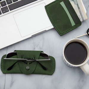 Personalized Green Leather Glasses Case | Leather Custom Slim Glasses Case | Personalized Sunglasses Case for Women | Leather Glasses Holder