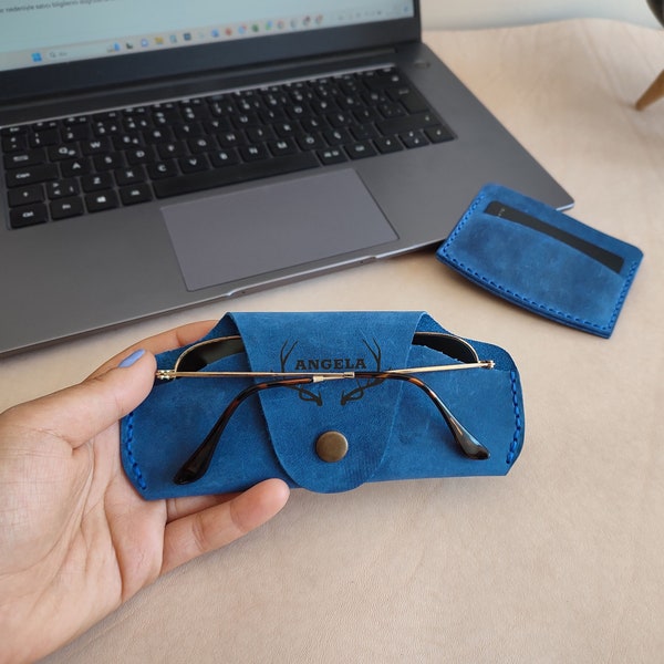 Personalized Blue Leather Glasses Case | Custom Leather Eyeglasses Case | Personalized Soft Sunglasses Case | Custom Slim Glasses Case