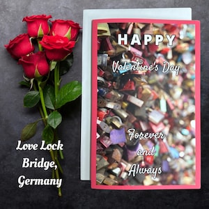Romantische Valentinstag Karte - Forever & Immer, Liebesschloss Brücke, Köln, Deutschland, Love Poetry, Karte für Sie oder Ihn