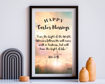 Arte de pared imprimible de Pascua, Yo soy la luz del mundo, cita de versículo bíblico cristiano, decoración navideña para el hogar, regalo de impresión de Pascua, descarga digital