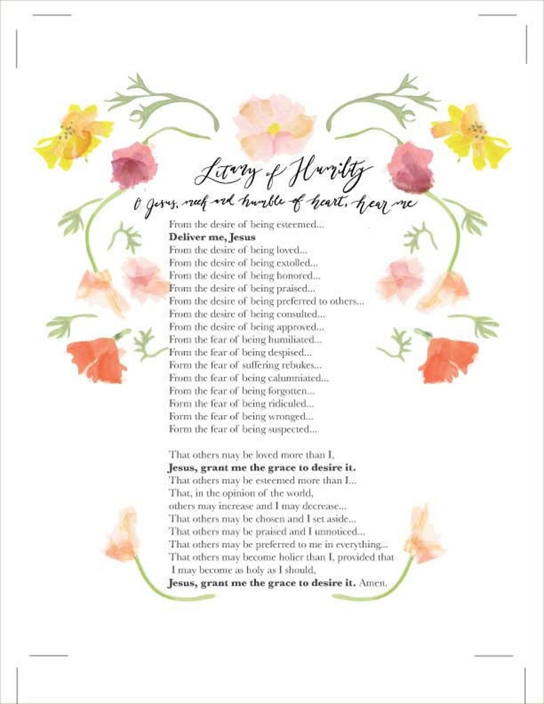 Litany of Humility Prayer Printable Religious Hand Lettering - Etsy