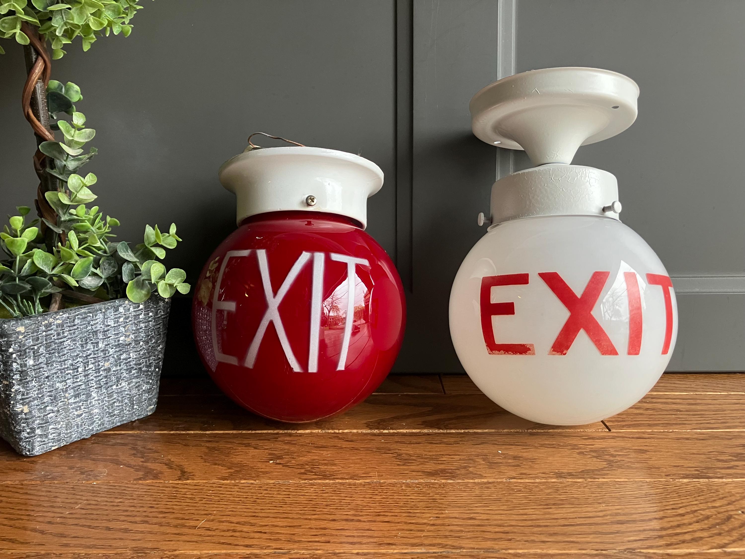 シーリングライト・天井照明 Rare30s VTG EXIT White Glass Light globe Vintage EXIT Globe Glass Light Shades - Ceiling Exit Light With
