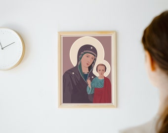 Icona ortodossa di Kazan della Vergine Maria, bellissima illustrazione religiosa, arte spirituale scaricabile, dono cristiano unico.