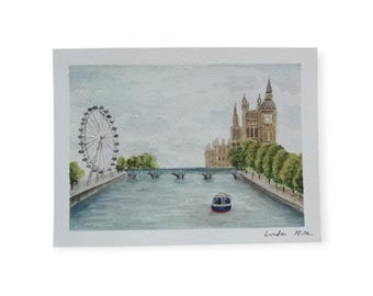 Watercolor postcard, art print, postcard print London postcard, Travel journal
