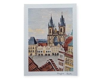 Watercolor postcard, art print, postcard print Prague postcard, Travel journal Czech