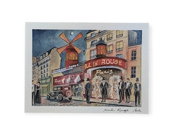 Cartolina di Parigi, stampa artistica, acquerello, diario di viaggio, cartolina del Moulin Rouge