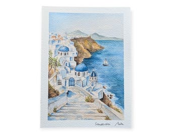Watercolor postcard, art print, postcard print Santorini postcard, Travel journal Greece