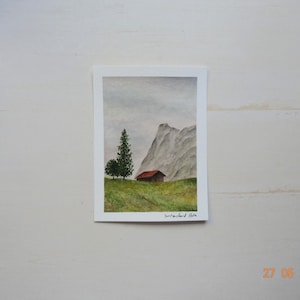 Impresión artística de postal de acuarela, impresión de postal, postal de Suiza, diario de viaje