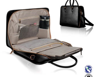 Vegan Leather Laptop Bag: Sophisticated Work Briefcase, Wide-Angle Access