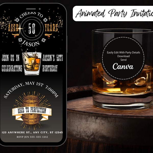 Animated Whiskey and Bourbon Themed Birthday Party Invitation, Simple DIY  Editable Template Send Via Text,  Aged to Perfection Barrel