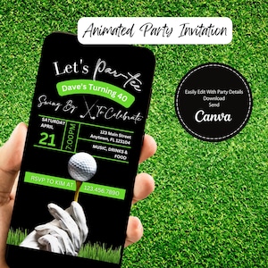 Convite de aniversário com tema de golfe animado e divertido, modelo editável faça você mesmo para enviar por mensagem de texto, convite masculino Let's Par-tee