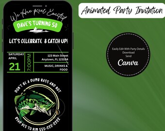 May include: A black and green animated party invitation for a 50th birthday party with a fishing theme. The invitation features a cartoon bass fish with a fishing lure. The text on the invitation reads "We Are Reel Excited Dave's Turning 50 Let's Celebrate & Catch Up!" and includes the date, time, and location of the party. The invitation also includes the text "Don't Be A Dumb Bass And Not RSVP Yes To Kim 555-222-2222".